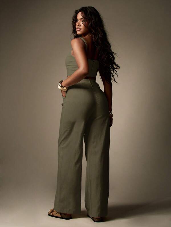 Missguided MISSGUIDED Linen Square Neck Crop High Waist Palazzo Two-Piece Outfit