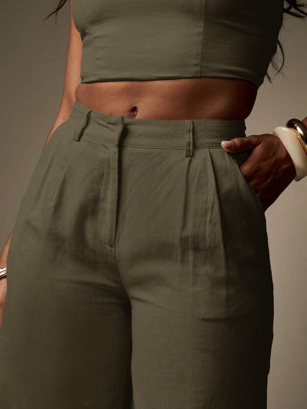 Missguided MISSGUIDED Linen Square Neck Crop High Waist Palazzo Two-Piece Outfit