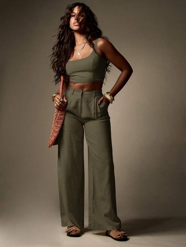 missguided MISSGUIDED Linen Square Neck Crop High Waist Palazzo Two-Piece Outfit