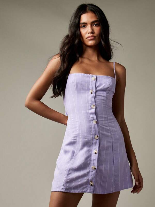 missguided MISSGUIDED Linen Stripe Mini Dress With Button Front And Tie Back