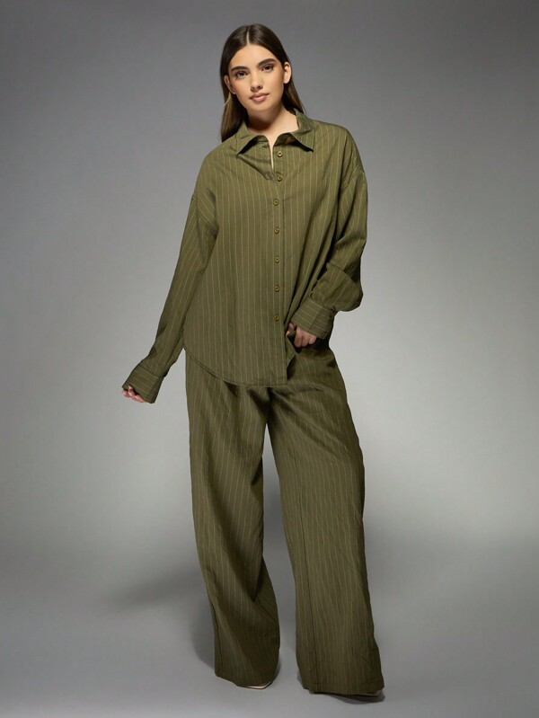 missguided MISSGUIDED Linen Striped Oversized Shirt And Wide Leg Pants Two-Piece Outfits