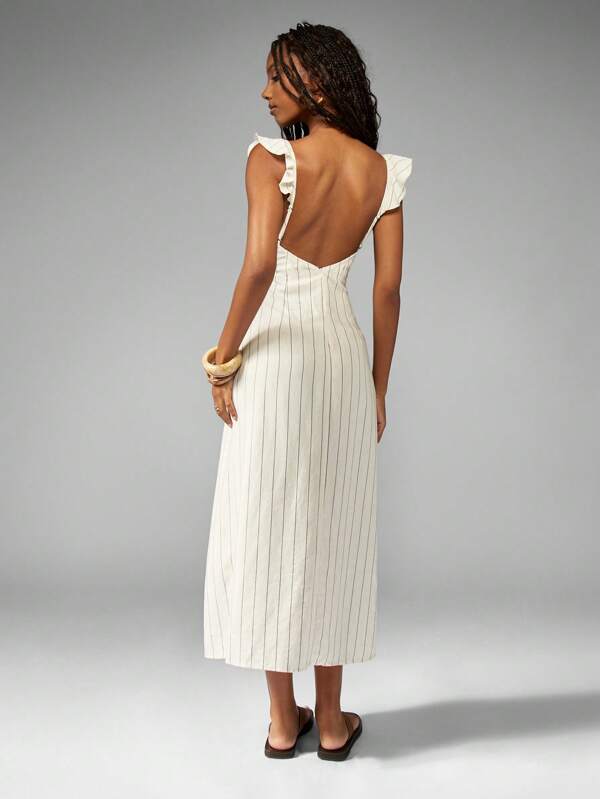 Missguided MISSGUIDED Linen Striped Ruffle Strap Side Slit Backless Long Dress