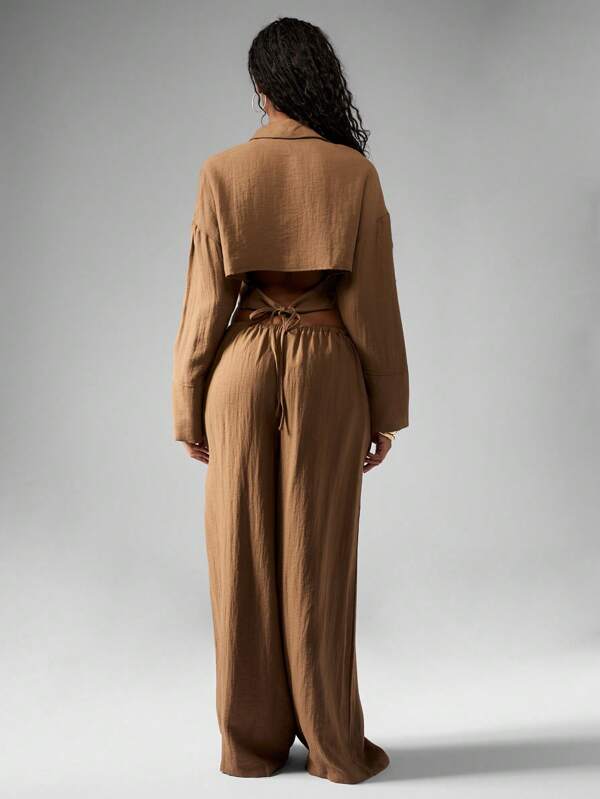 Missguided MISSGUIDED Linen Two Piece Loose Fit Crop Top Wide Leg Pants Set