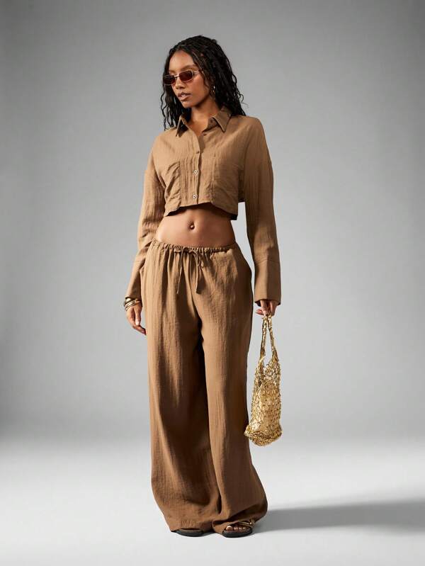 missguided MISSGUIDED Linen Two Piece Loose Fit Crop Top Wide Leg Pants Set