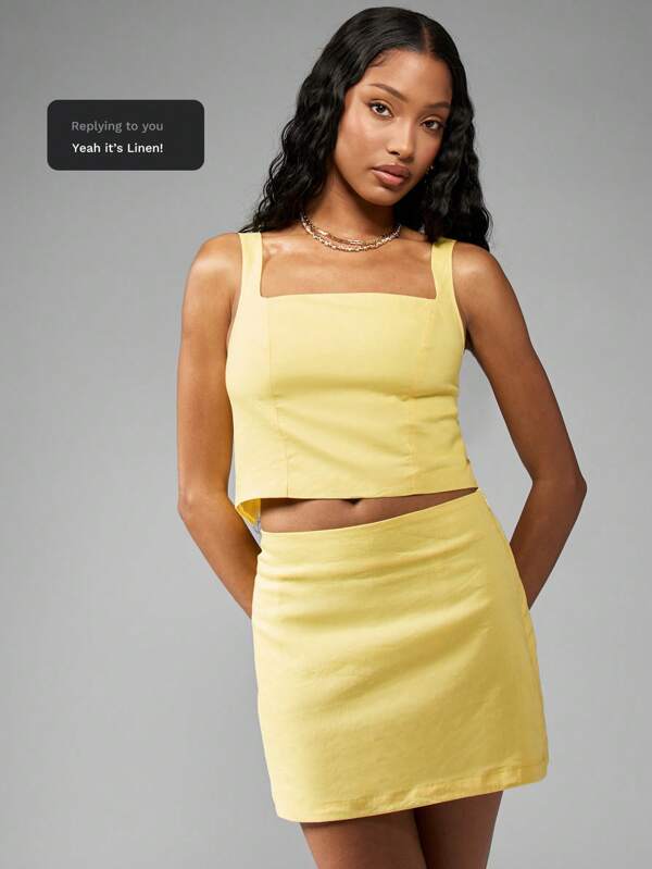 missguided MISSGUIDED Linen Two-Piece Outfit Square Neck Crop Top High Waist Mini Skirt