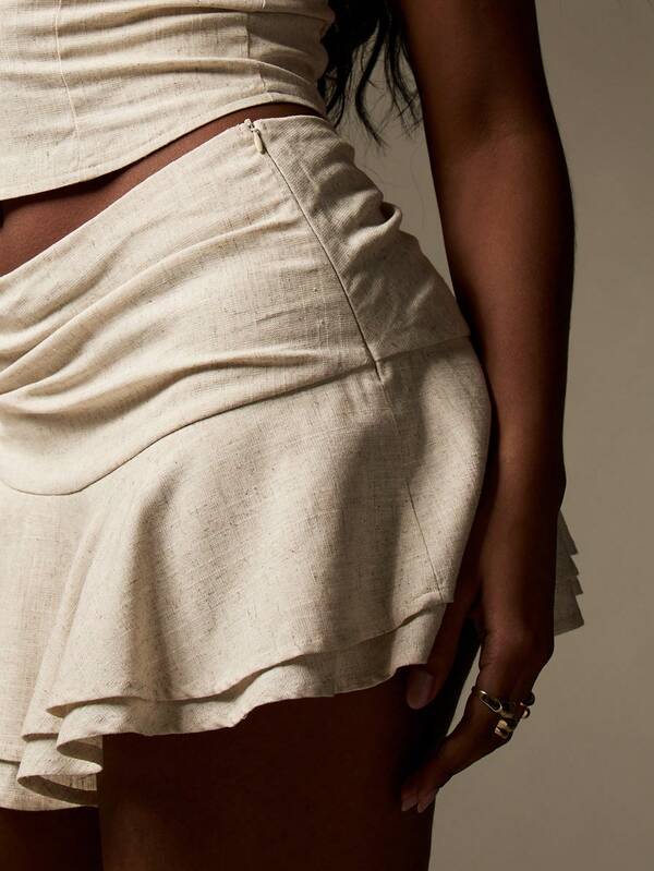 Missguided MISSGUIDED Linen Two-Piece Set With Bandeau Tie-Up Top Ruffle Mini Skirt