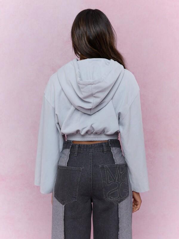 Missguided MISSGUIDED Logo Label Straigh Long Sleeves Gathered Hem Crop Hoodie