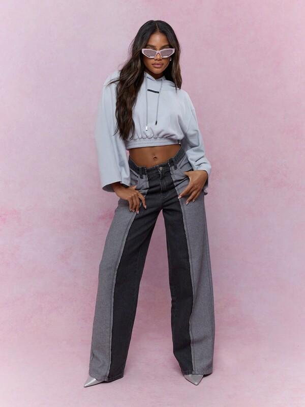 Missguided MISSGUIDED Logo Label Straigh Long Sleeves Gathered Hem Crop Hoodie