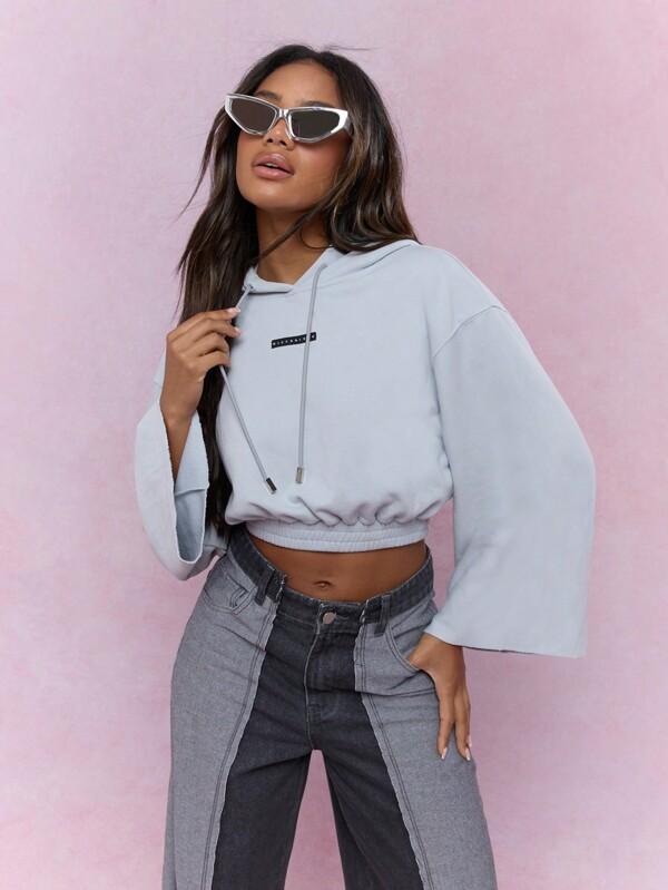 missguided MISSGUIDED Logo Label Straigh Long Sleeves Gathered Hem Crop Hoodie