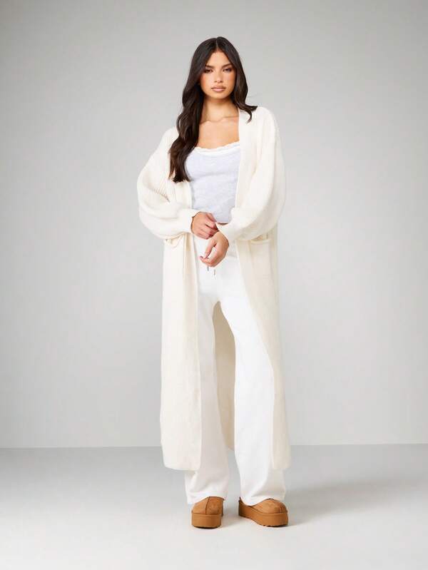 Missguided MISSGUIDED Long Ribbed Knit Open Front Cardigan With Pockets