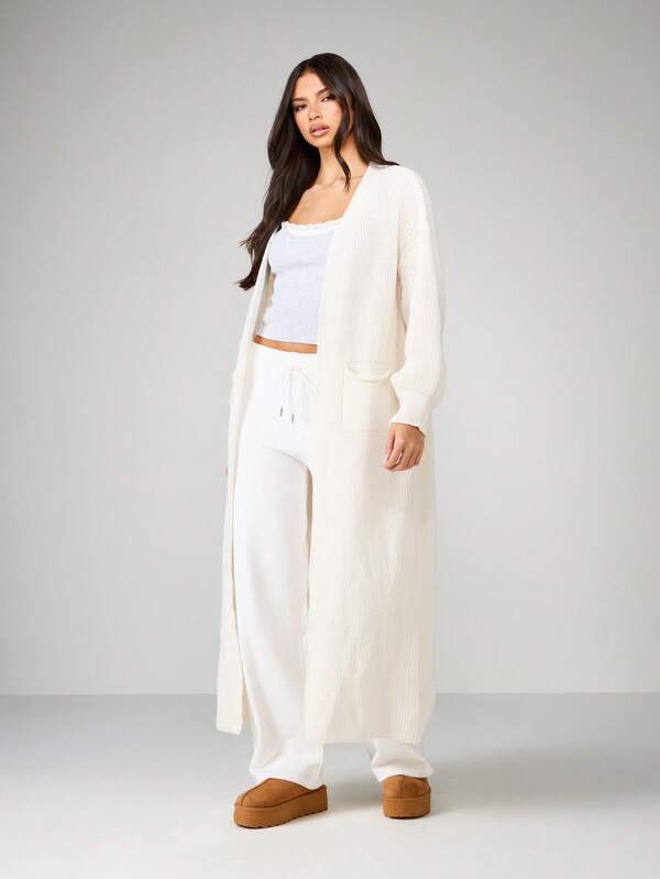 missguided MISSGUIDED Long Ribbed Knit Open Front Cardigan With Pockets