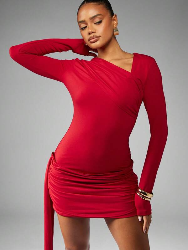 Missguided MISSGUIDED Long Sleeve Asymmetric Drape Bodycon Mini Dress