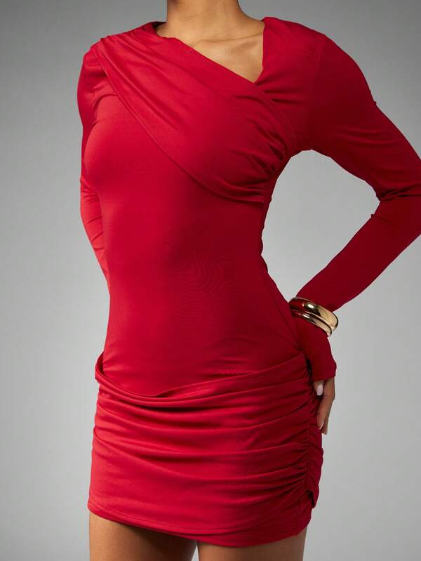 Missguided MISSGUIDED Long Sleeve Asymmetric Drape Bodycon Mini Dress