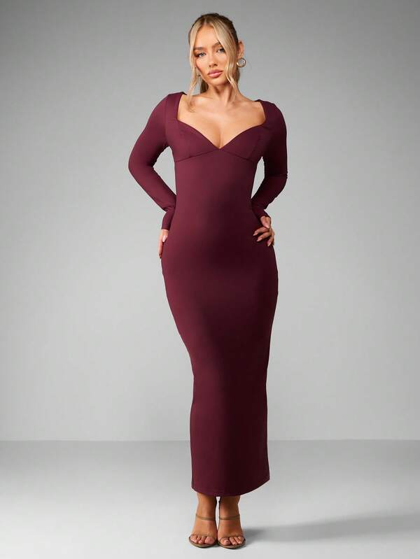missguided MISSGUIDED Long Sleeve Bodycon Maxi Dress With Sweetheart Neckline