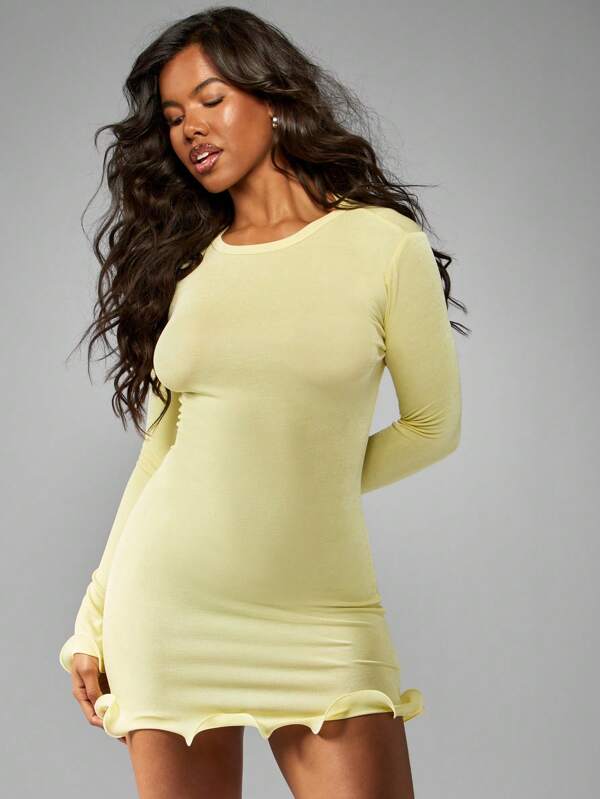 missguided MISSGUIDED Long Sleeve Bodycon Mini Dress Ruffle Hem
