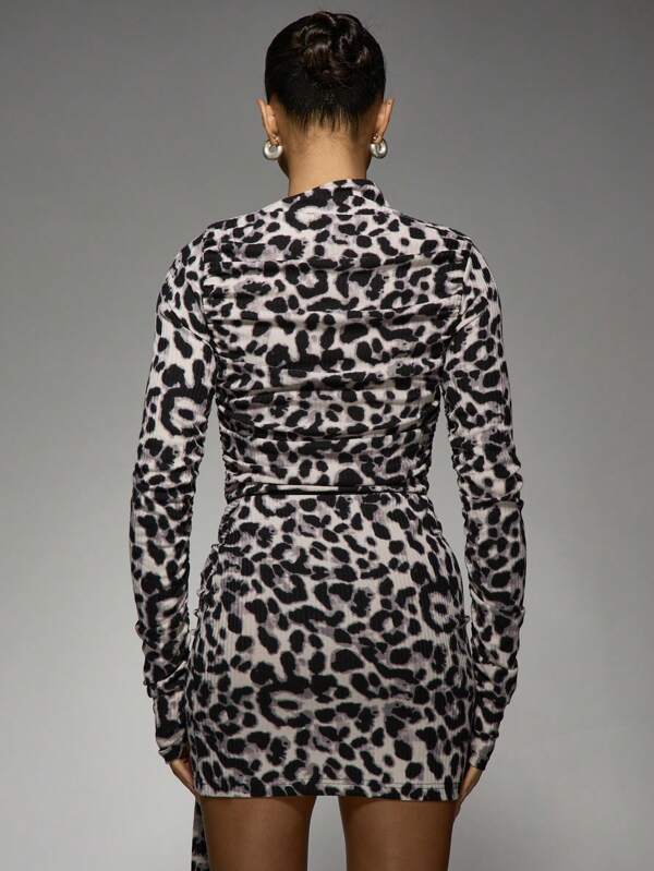 Missguided MISSGUIDED Long Sleeve Bodycon Mini Leopard Two-Piece Outfit