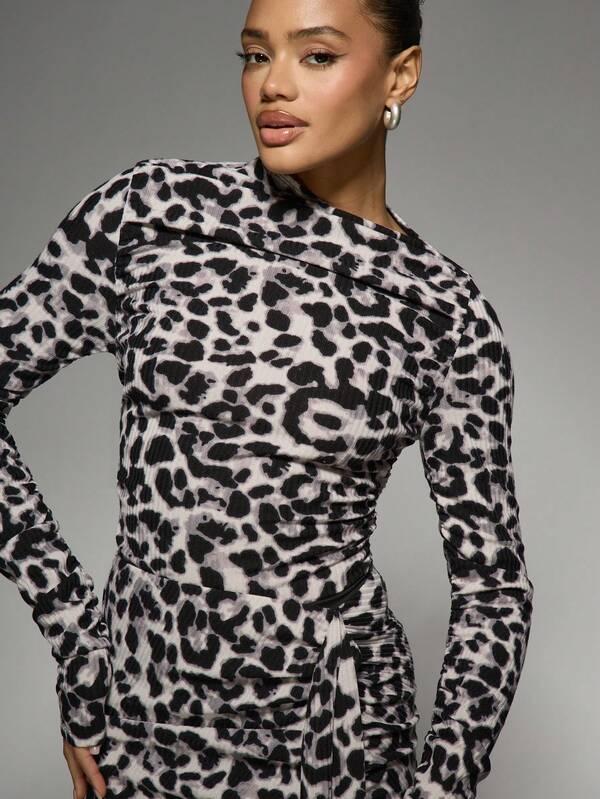 Missguided MISSGUIDED Long Sleeve Bodycon Mini Leopard Two-Piece Outfit
