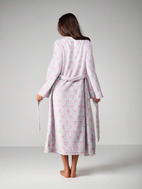 Missguided MISSGUIDED Long Sleeve Bow Print Belted Robe