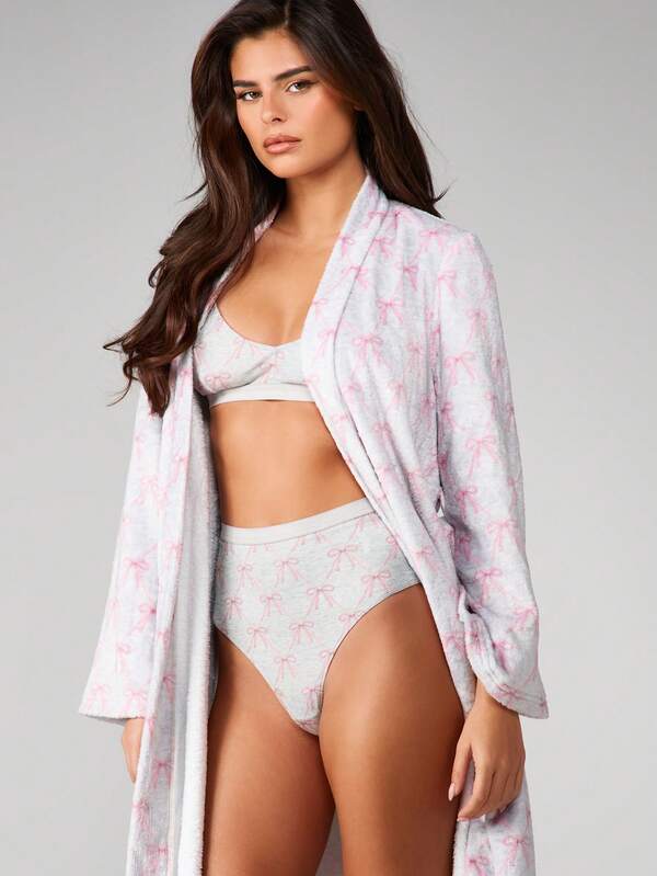 Missguided MISSGUIDED Long Sleeve Bow Print Belted Robe