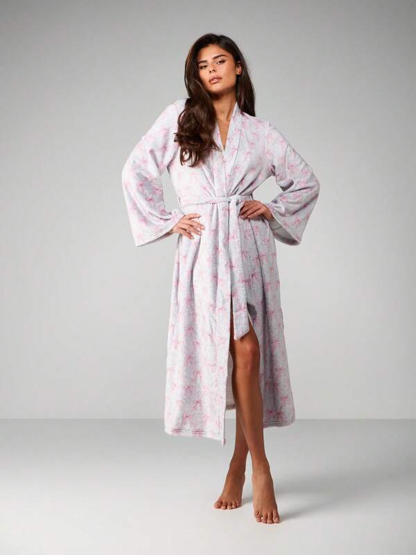 missguided MISSGUIDED Long Sleeve Bow Print Belted Robe