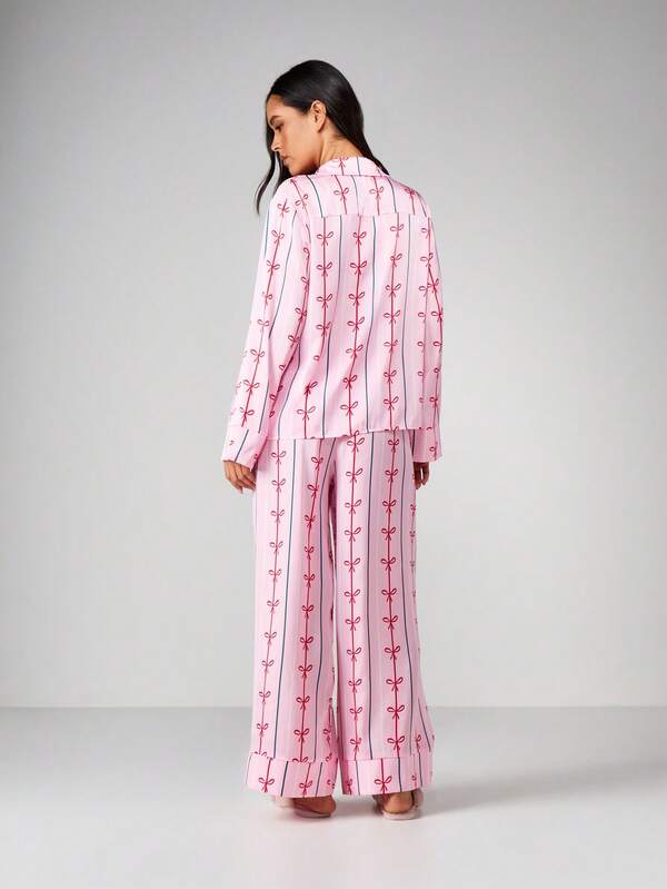 Missguided MISSGUIDED Long Sleeve Bow Print Pajama Set With Eye Mask
