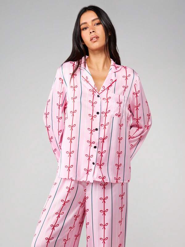 Missguided MISSGUIDED Long Sleeve Bow Print Pajama Set With Eye Mask