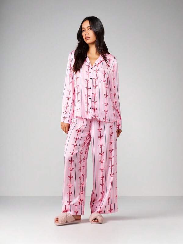 Missguided MISSGUIDED Long Sleeve Bow Print Pajama Set With Eye Mask