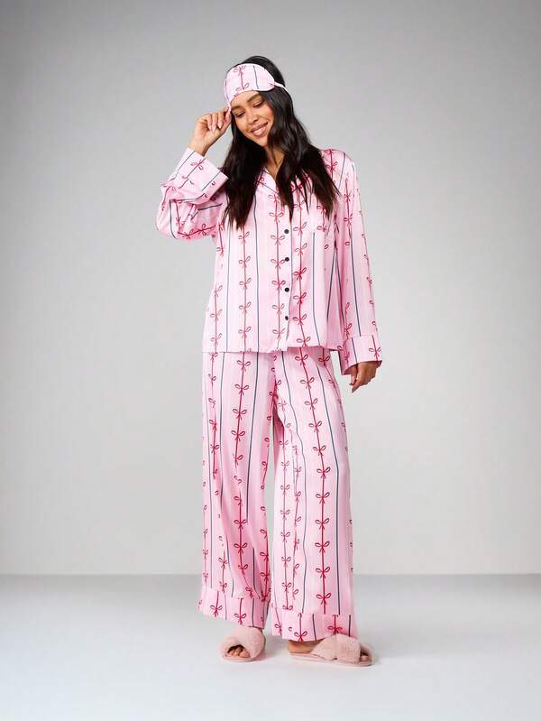 missguided MISSGUIDED Long Sleeve Bow Print Pajama Set With Eye Mask