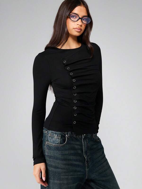 Missguided MISSGUIDED Long Sleeve Button Detail Top With Metal Eyelets