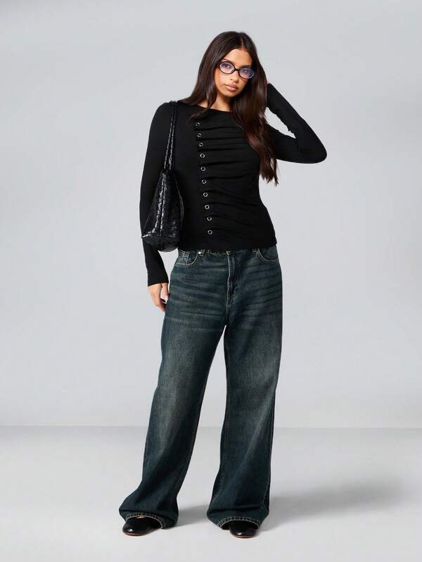 Missguided MISSGUIDED Long Sleeve Button Detail Top With Metal Eyelets