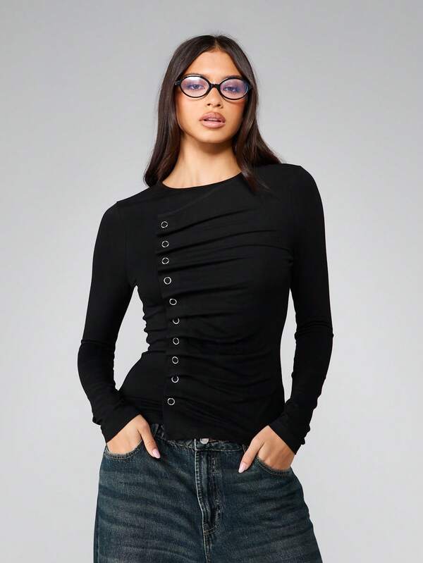 missguided MISSGUIDED Long Sleeve Button Detail Top With Metal Eyelets