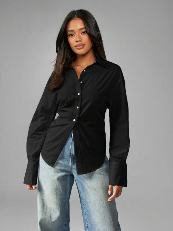 Missguided MISSGUIDED Long Sleeve Button Down Cotton Collared Blouse