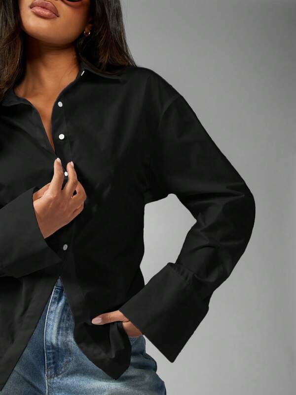 Missguided MISSGUIDED Long Sleeve Button Down Cotton Collared Blouse