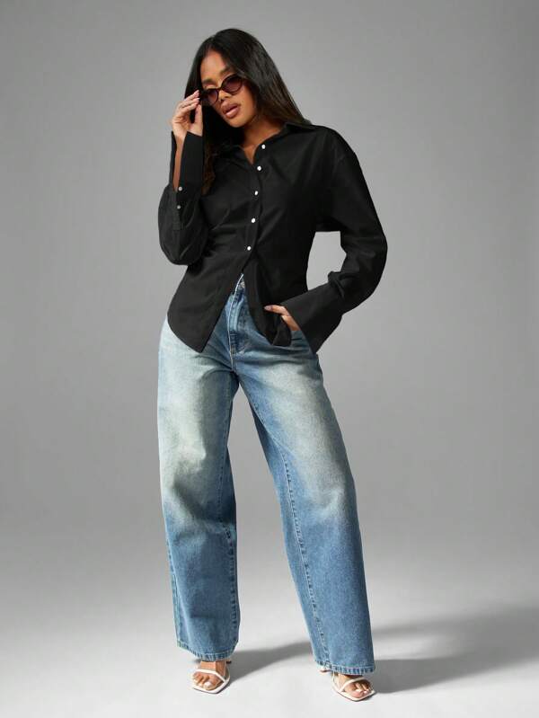missguided MISSGUIDED Long Sleeve Button Down Cotton Collared Blouse