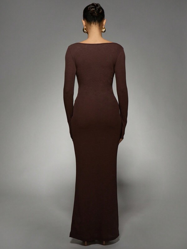 Missguided MISSGUIDED Long Sleeve Button Front Scoop Neck Maxi Dress With Tie Waist Detail