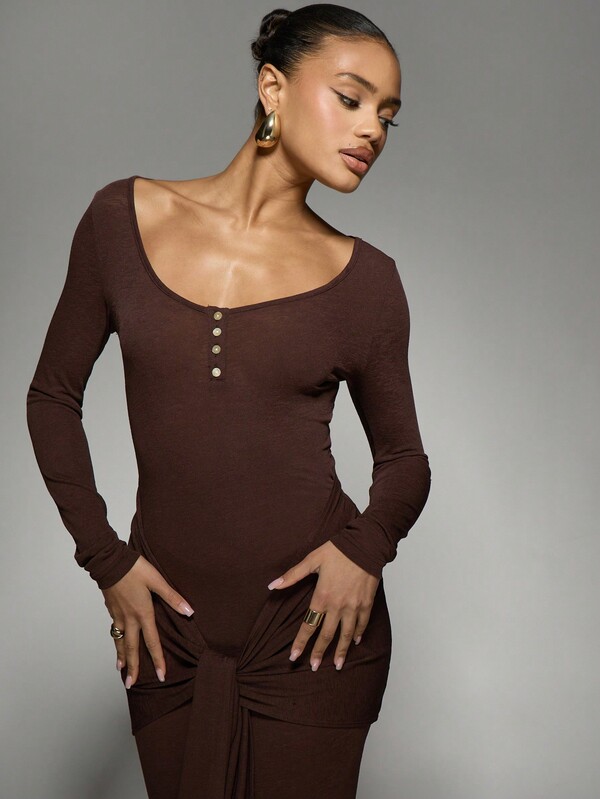Missguided MISSGUIDED Long Sleeve Button Front Scoop Neck Maxi Dress With Tie Waist Detail