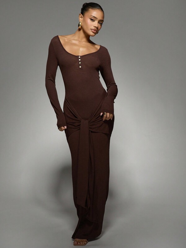 missguided MISSGUIDED Long Sleeve Button Front Scoop Neck Maxi Dress With Tie Waist Detail