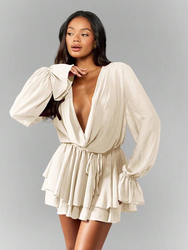 Missguided MISSGUIDED Long Sleeve Chiffon Mini Dress With Ruffle Tiers