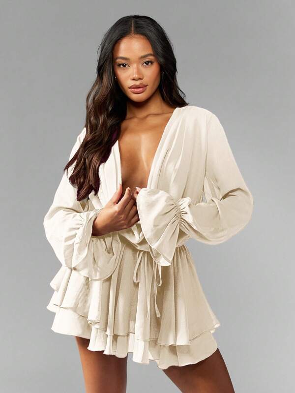 missguided MISSGUIDED Long Sleeve Chiffon Mini Dress With Ruffle Tiers