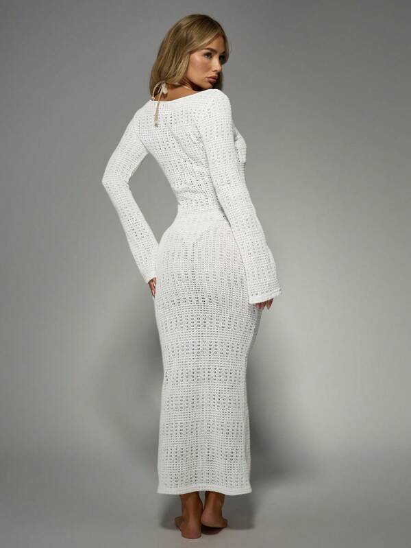 Missguided MISSGUIDED Long Sleeve Crochet Knit Full Length Maxi Dress
