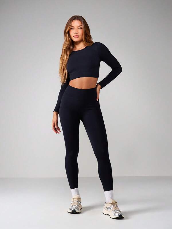 Missguided MISSGUIDED Long Sleeve Crop Top With High Waist Leggings Set