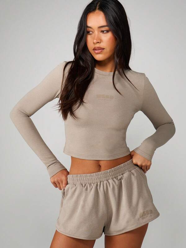 missguided MISSGUIDED Long Sleeve Crop Top With Shorts Set