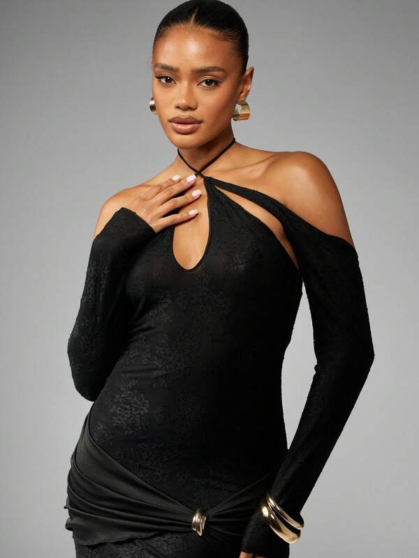 Missguided MISSGUIDED Long Sleeve Cut Out Halter Dress With O Ring