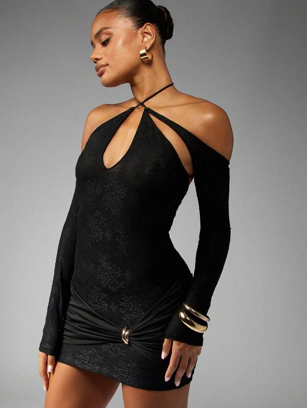 missguided MISSGUIDED Long Sleeve Cut Out Halter Dress With O Ring