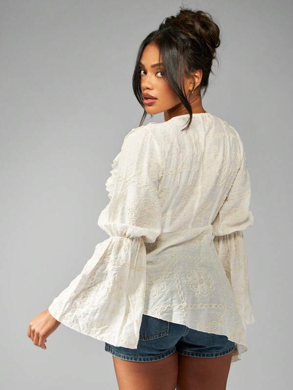 Missguided MISSGUIDED Long Sleeve Embroidered Ruffle V-Neck Floral Lace Mini Dress