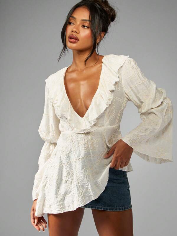 missguided MISSGUIDED Long Sleeve Embroidered Ruffle V-Neck Floral Lace Mini Dress