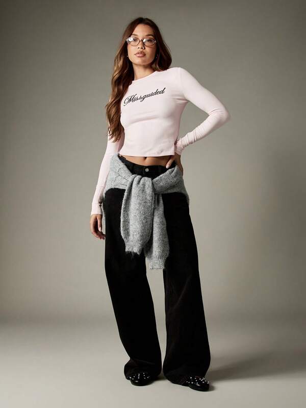 Missguided MISSGUIDED Long Sleeve Fitted Crop Top With Logo Print