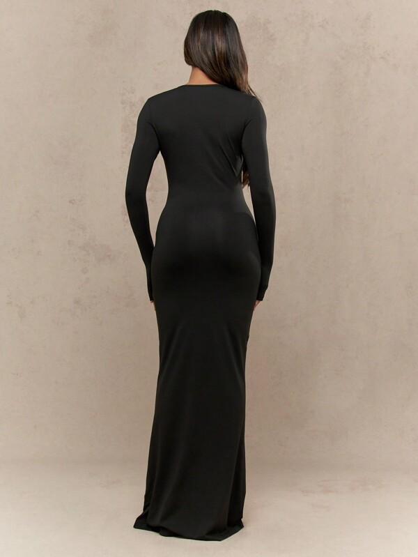 Missguided MISSGUIDED Long Sleeve Fitted Maxi Dress With Round Neck