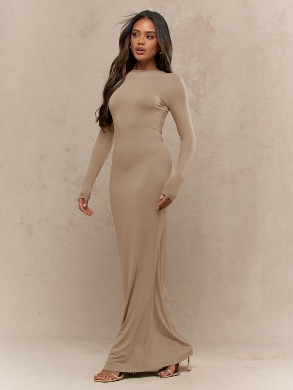 Missguided MISSGUIDED Long Sleeve Fitted Maxi Dress With Round Neck