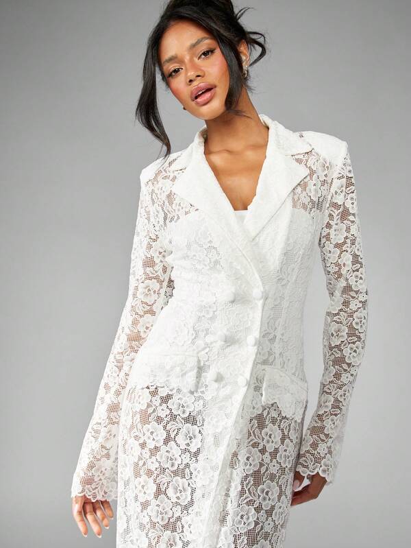 Missguided MISSGUIDED Long Sleeve Floor Length Blazer Style Lace Dress